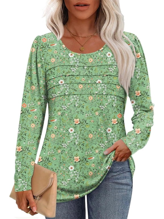 Womens Fall Long Sleeve Tunic Tops Basic Pullover Dressy Casual Shirts Fashion Pleated Business Blouses