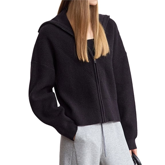 Womens Fall Long Sleeve Zip Up Cardigan Sweaters Casual Loose Collared Ribbed Knit Tops Jackets Black One size