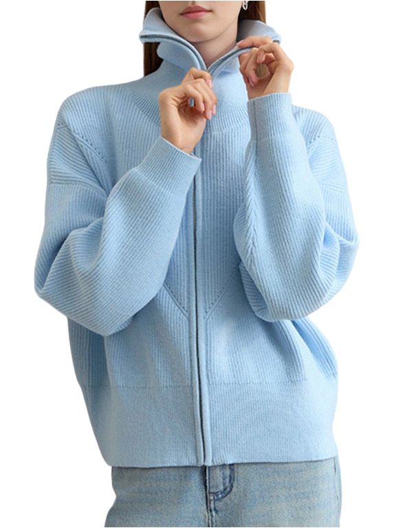 Womens Fall Long Sleeve Zip Up Cardigan Sweaters Casual Loose Collared Ribbed Knit Tops Jackets One size