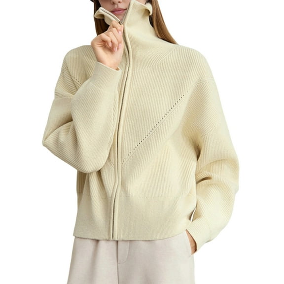 Womens Fall Long Sleeve Zip Up Cardigan Sweaters Casual Loose Collared Ribbed Knit Tops Jackets Rice One Size