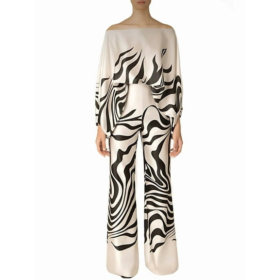 Womens Fall Loose 2 Piece Outfits Off Shoulder Printed Long Sleeve Casual Going Out Wide Leg Pants Set Black XL