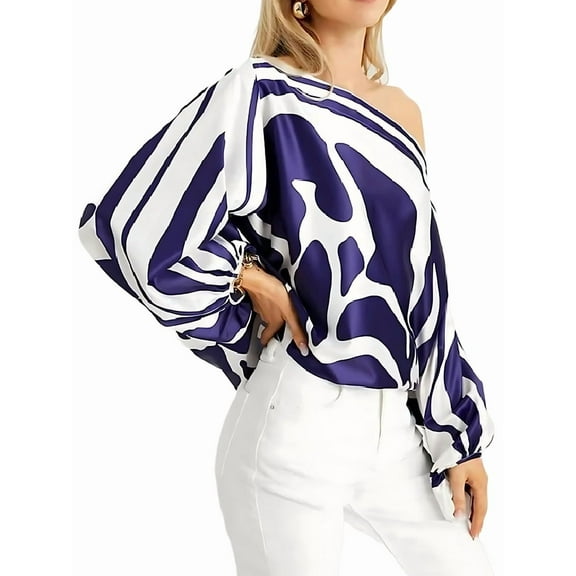 Womens Fall Loose 2 Piece Outfits Off Shoulder Printed Long Sleeve Casual Going Out Wide Leg Pants Set Blue M