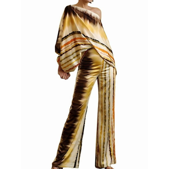 Womens Fall Loose 2 Piece Outfits Off Shoulder Printed Long Sleeve Casual Going Out Wide Leg Pants Set Light Yellow S