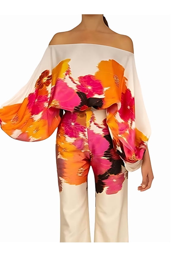 Womens Fall Loose 2 Piece Outfits Off Shoulder Printed Long Sleeve Casual Going Out Wide Leg Pants Set Orange Color M