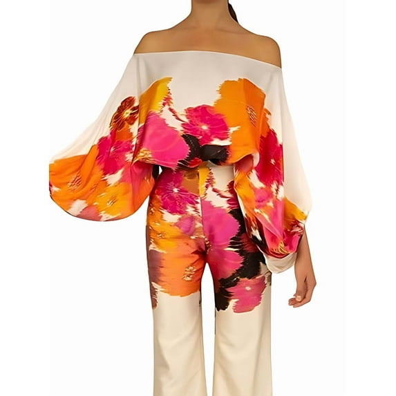 Womens Fall Loose 2 Piece Outfits Off Shoulder Printed Long Sleeve Casual Going Out Wide Leg Pants Set Orange Color XL