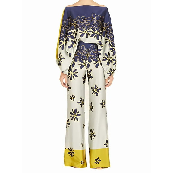 Womens Fall Loose 2 Piece Outfits Off Shoulder Printed Long Sleeve Casual Going Out Wide Leg Pants Set  XL