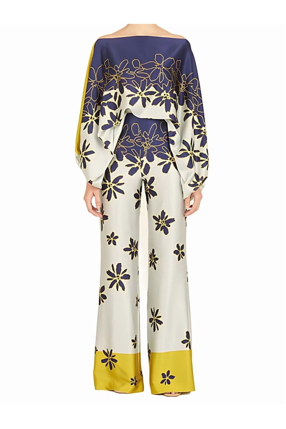 Womens Fall Loose 2 Piece Outfits Off Shoulder Printed Long Sleeve Casual Going Out Wide Leg Pants Set XXL