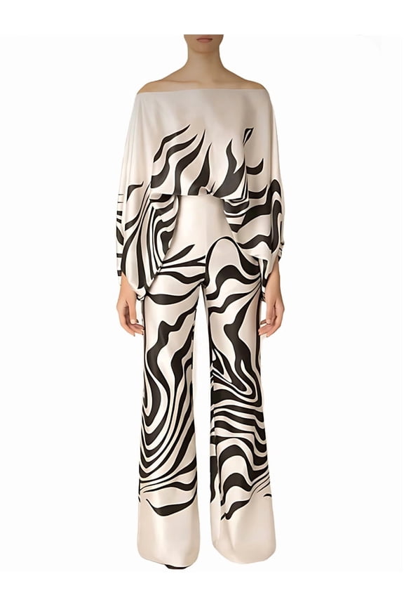 Womens Fall Loose 2 Piece Outfits Off Shoulder Printed Long Sleeve Casual Going Out Wide Leg Pants Set