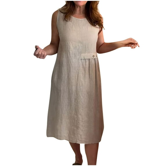 Womens Fall Midi Dress Casual Loose Sleeveless Crewneck Plus Size Basic Button Solid Color Vacation Dresses Pocket S-5XL