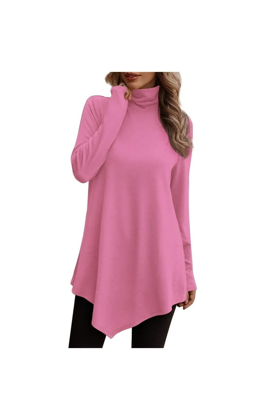 Womens Fall Mock Turtleneck Asymmetrical Hemline Flowy Tunic Top Casual Long Sleeve Solid Color Pullover Blouses