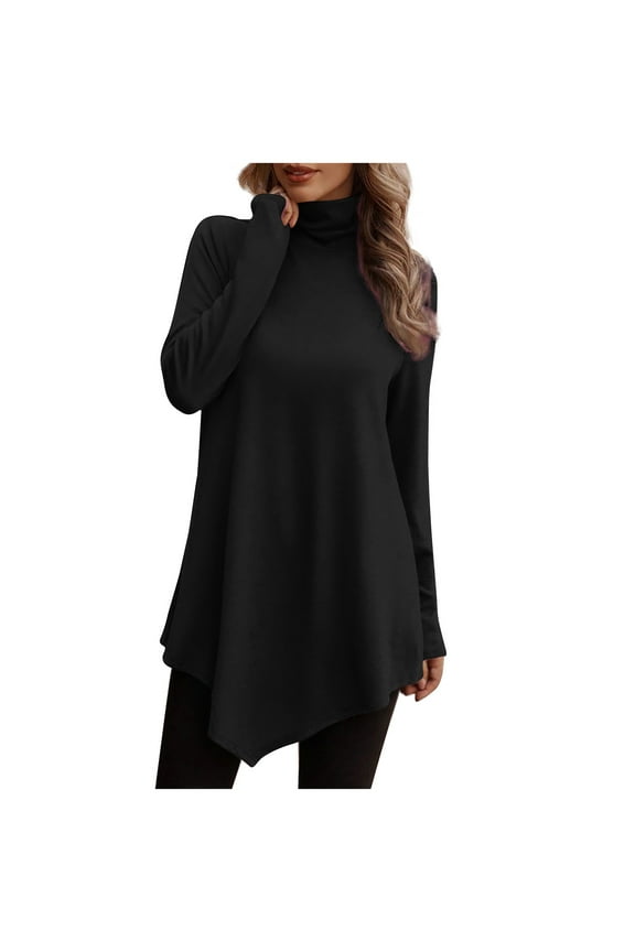 Womens Fall Mock Turtleneck Asymmetrical Hemline Flowy Tunic Top Casual Long Sleeve Solid Color Pullover Blouses