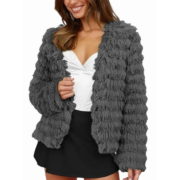 Womens Fall Open Front Cardigan Faux Fur Coat Vintage Parka Jacket Warm Coat Tops Gray M