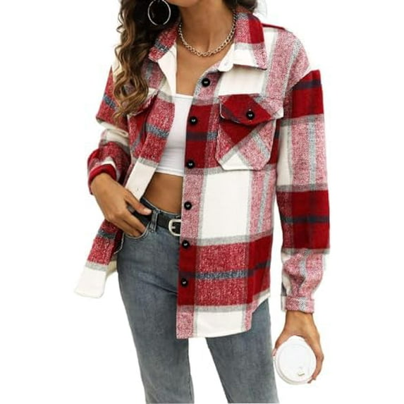 AELand Flannel Plaid Shirt for Women Button Down Jackets Long Sleeve Shackets Ladies Blouses Coat