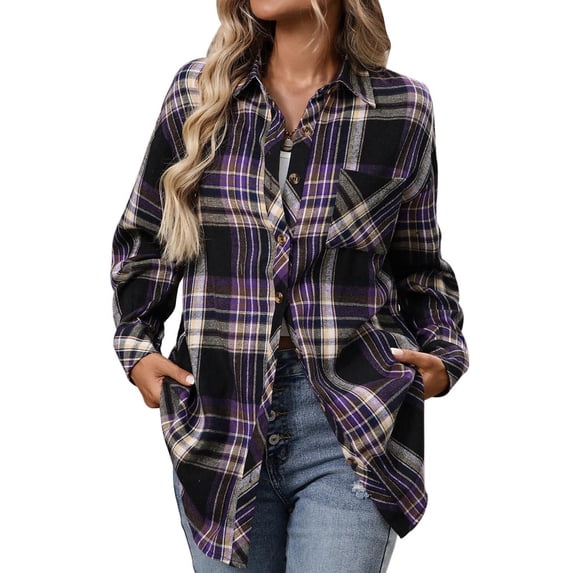 Womens Fall Outfits Fashion Clothes Shackets Flannel Plaid Button Down Long Sleeve Shirts Jackets Navy XXL
