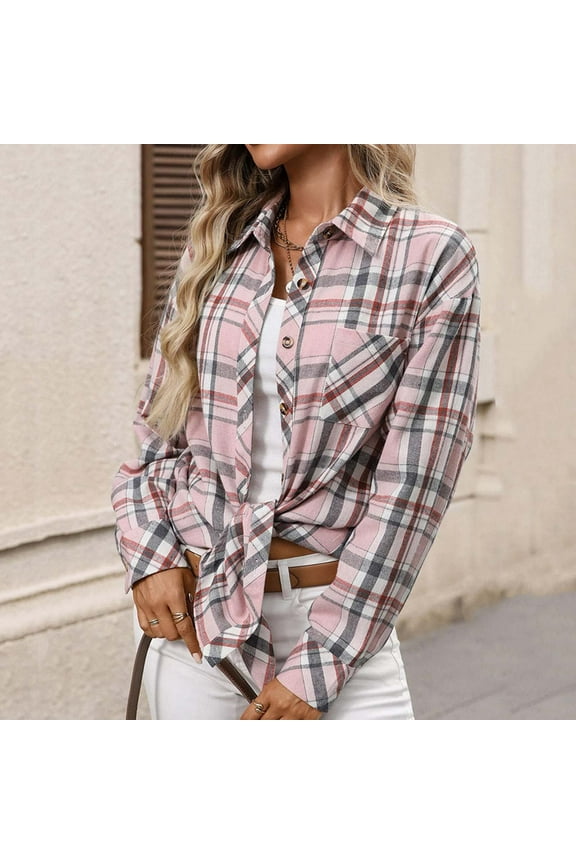 Womens Fall Outfits Fashion Clothes Shackets Flannel Plaid Button Down Long Sleeve Shirts Jackets Pink M
