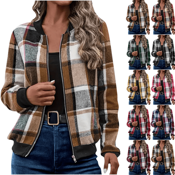 Womens Fall Outfits Fashion Plaid Jacket Printed Comfortable Casual Looselong Sleeved T-Shirt Cardigan Zipper Hooded 2025 Fall Coat Brown S-2XL