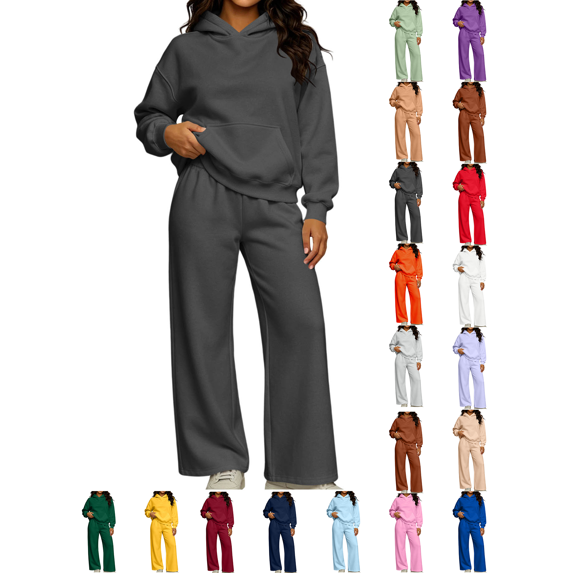 Womens Fall Outfits Nelozsy Fashion Woman Hooded Solid Long Sleeve Blouse Long Pants Elastic Waist Sets Dark Gray S