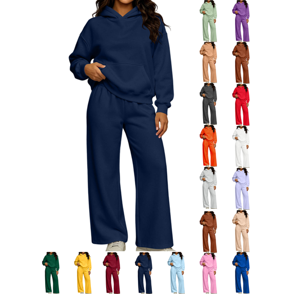 Womens Fall Outfits Nelozsy Fashion Woman Hooded Solid Long Sleeve Blouse Long Pants Elastic Waist Sets Navy XL
