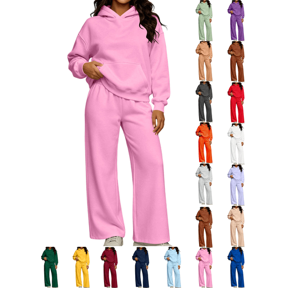Womens Fall Outfits Nelozsy Fashion Woman Hooded Solid Long Sleeve Blouse Long Pants Elastic Waist Sets Pink M