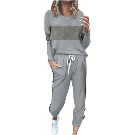 Womens Fall Outfits New Women's Color Block 2 Piece Tracksuit Crewneck Long Sleeve Tops Long Sweatpants Outfits Lounge Sets Gray S