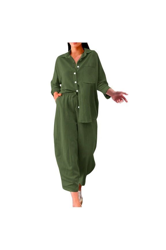 Womens Fall Outfits New Women's Two Piece Cotton Linen Outfits Button Tops Wide Leg Pants Lounge Sets Summer Outfits Matching Sets Army Green 3XL