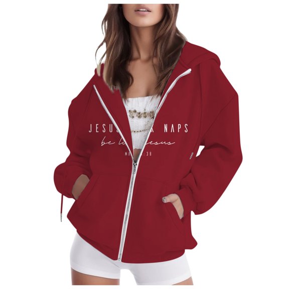 Womens Fall Oversized Jacket Letter Printed Crew Neck Long Sleeve Hooded Sweatshirts with Zipper Long Sleeve Hoodies Fashion Y2K Tops with Pocket