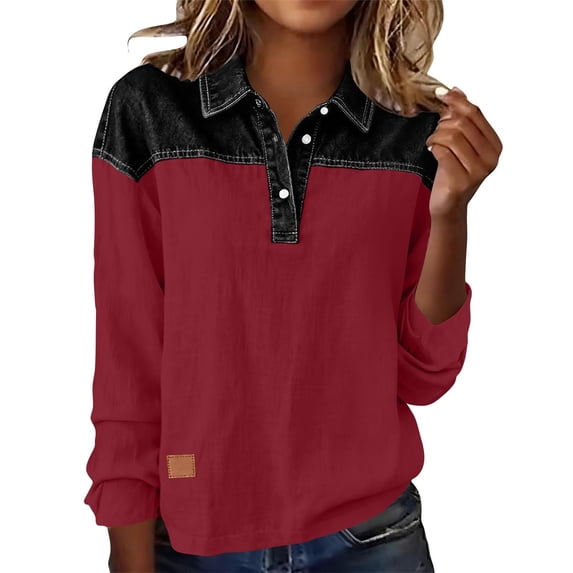 Womens Fall Oversized Long Sleeve Sweatershirt 2 in 1 Denim Lapel Tops Dressy Polo Shirts Pullover Wine 2XL