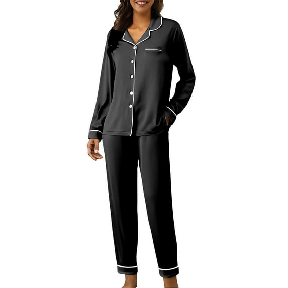 Womens Fall Pajama Sets, Comdrip Cute Pajama Sets for Women Long Sleeve Sleepwear Button Loungewear Soft 2 Piece Set with Pockets Long Pants Pjs Sets for Women Dark Gray S