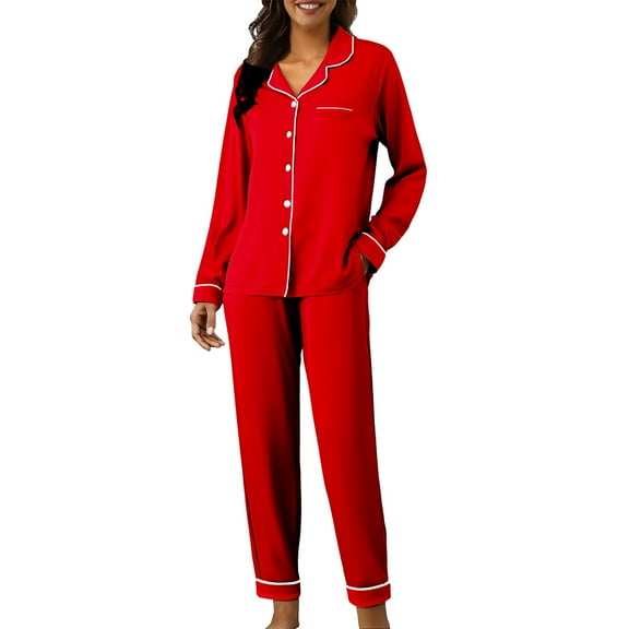 Womens Fall Pajama Sets, Comdrip Cute Pajama Sets for Women Long Sleeve Sleepwear Button Loungewear Soft 2 Piece Set with Pockets Long Pants Pjs Sets for Women Red M