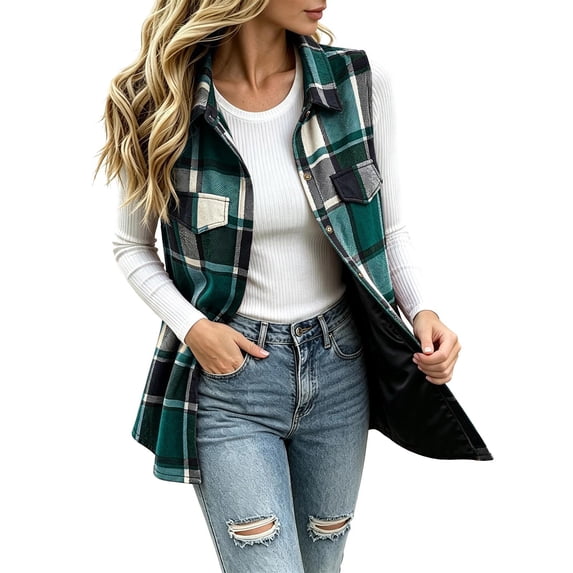 Womens Fall Plaid Midi Vests Sleeveless Stand Up Collar Button Down Fashion Casual Outerwear Multicolor 03 XL