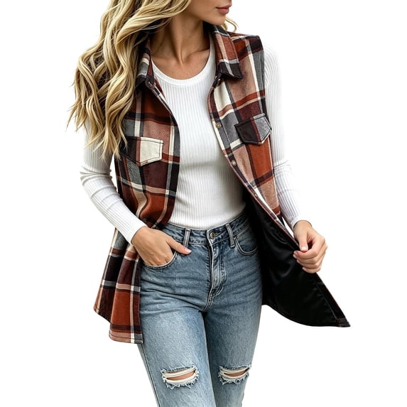 Womens Fall Plaid Midi Vests Sleeveless Stand Up Collar Button Down Fashion Casual Outerwear Multicolor 04 XL