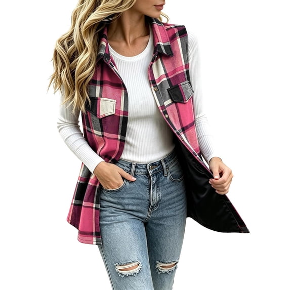 Womens Fall Plaid Midi Vests Sleeveless Stand Up Collar Button Down Fashion Casual Outerwear Multicolor 05 XXL