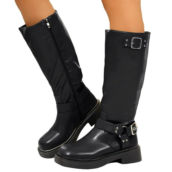 Womens Fall Platform Mid Calf Work Boots Winter Buckles Square Toe Chunky Heels Knee High Motorcycle Riding Tall Boots