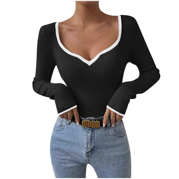 Womens Fall Pullover Sweaters Lightweight Slim-Fit Casual Knit Sweater Long Sleeve Base Layering Tops Black, L