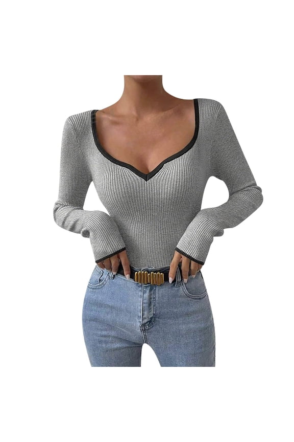 Womens Fall Pullover Sweaters Lightweight Slim-Fit Casual Knit Sweater Long Sleeve Base Layering Tops Gray, M