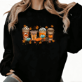 thumbnail image 1 of Womens Fall Pumpkin Coffee Cotton Tee T Shirt Graphic Cozy Autumn Cute Design Tops Round-neck long-sleeved Black S-3XL, 1 of 6