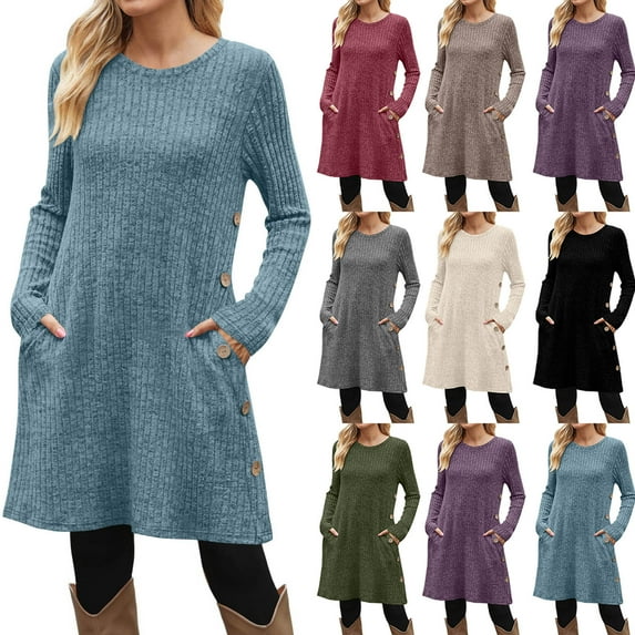 Womens Fall Ribbed Knit Dress Long Sleeve Crew Neck Mini Dress Soft Flowy A Line Swing Dresses with Pocket Casual Trendy Sweater Dress