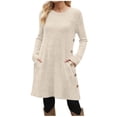 thumbnail image 1 of Womens Fall Ribbed Knit Dress Long Sleeve Crew Neck Mini Dress Soft Flowy A Line Swing Dresses with Pocket Casual Trendy Sweater Dress, 1 of 5