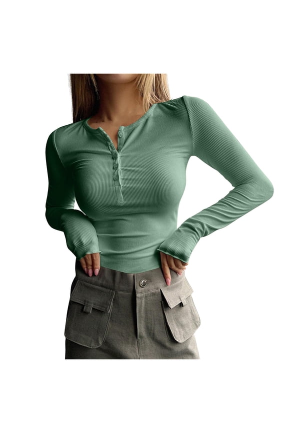 Womens Fall Ribbed Tops Undershirts Long Sleeve Henley Button Casual Basic Tops Slim Stretchy Trendy Clothes, Green S