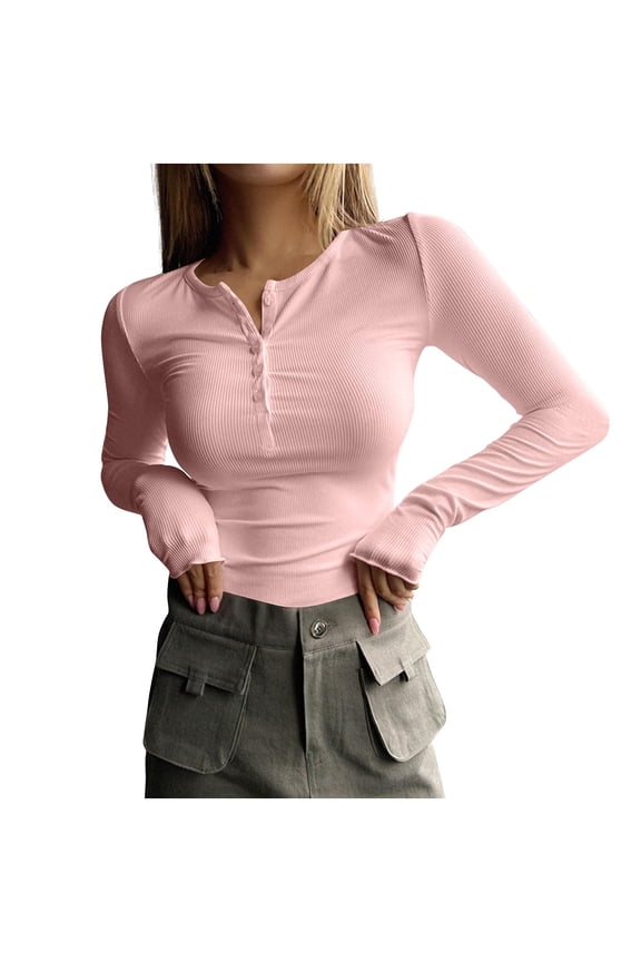 Womens Fall Ribbed Tops Undershirts Long Sleeve Henley Button Casual Basic Tops Slim Stretchy Trendy Clothes, Pink L
