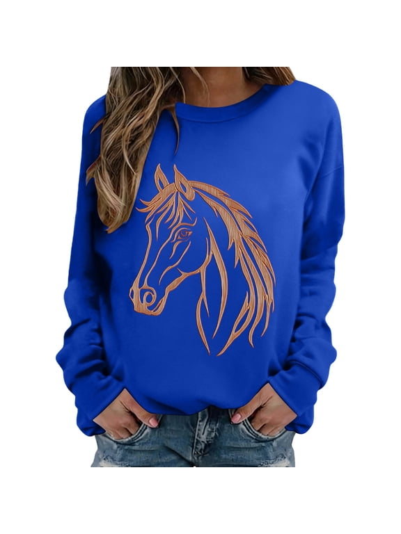 Womens Fall Sales Tops Horse Print Horse Lover Loose Pullover Oversized Sweaters for Women Under 15$