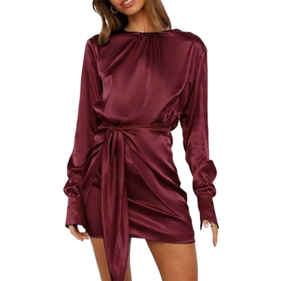 Womens Fall Satin Long Sleeve Round Neck Mini Dress Solid Color Ruched Wrap Tie Waist Slim Fit Cocktail Party Dresses