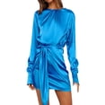 thumbnail image 1 of Womens Fall Satin Long Sleeve Round Neck Mini Dress Solid Color Ruched Wrap Tie Waist Slim Fit Cocktail Party Dresses, 1 of 15