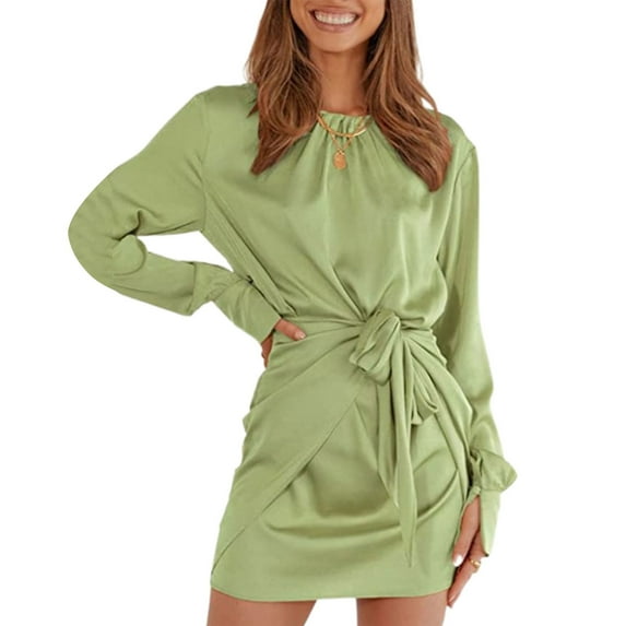 Womens Fall Satin Long Sleeve Round Neck Mini Dress Solid Color Ruched Wrap Tie Waist Slim Fit Cocktail Party Dresses