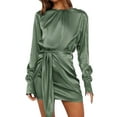 thumbnail image 1 of Womens Fall Satin Long Sleeve Round Neck Mini Dress Solid Color Ruched Wrap Tie Waist Slim Fit Cocktail Party Dresses, 1 of 15