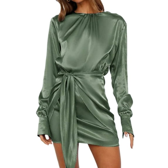 Womens Fall Satin Long Sleeve Round Neck Mini Dress Solid Color Ruched Wrap Tie Waist Slim Fit Cocktail Party Dresses
