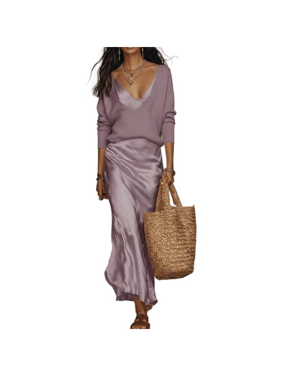 Womens Fall Sets Flowy Long Sleeve V Neck Knit Sweater Matching Camisole Maxi Dress Satin Cozy Fall Teacher Outfits Purple L