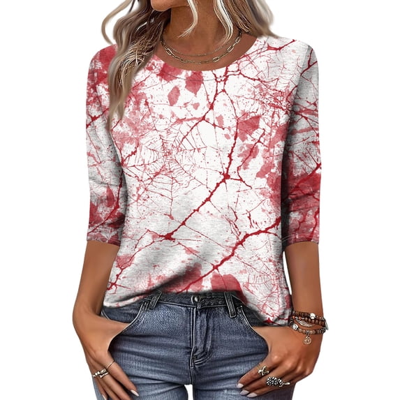 Womens Fall Shirts Halloween Crew Neck 3/4 Length Sleeve Pumpkin T-Shirts Thanksgiving Graphic Tee Tops