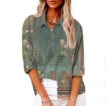 Womens Fall Shirts for Women Print Button Shirts Long Sleeve V Neck Loose Blouse Long Sleeve Casual Work Tunic Tops with Pocket