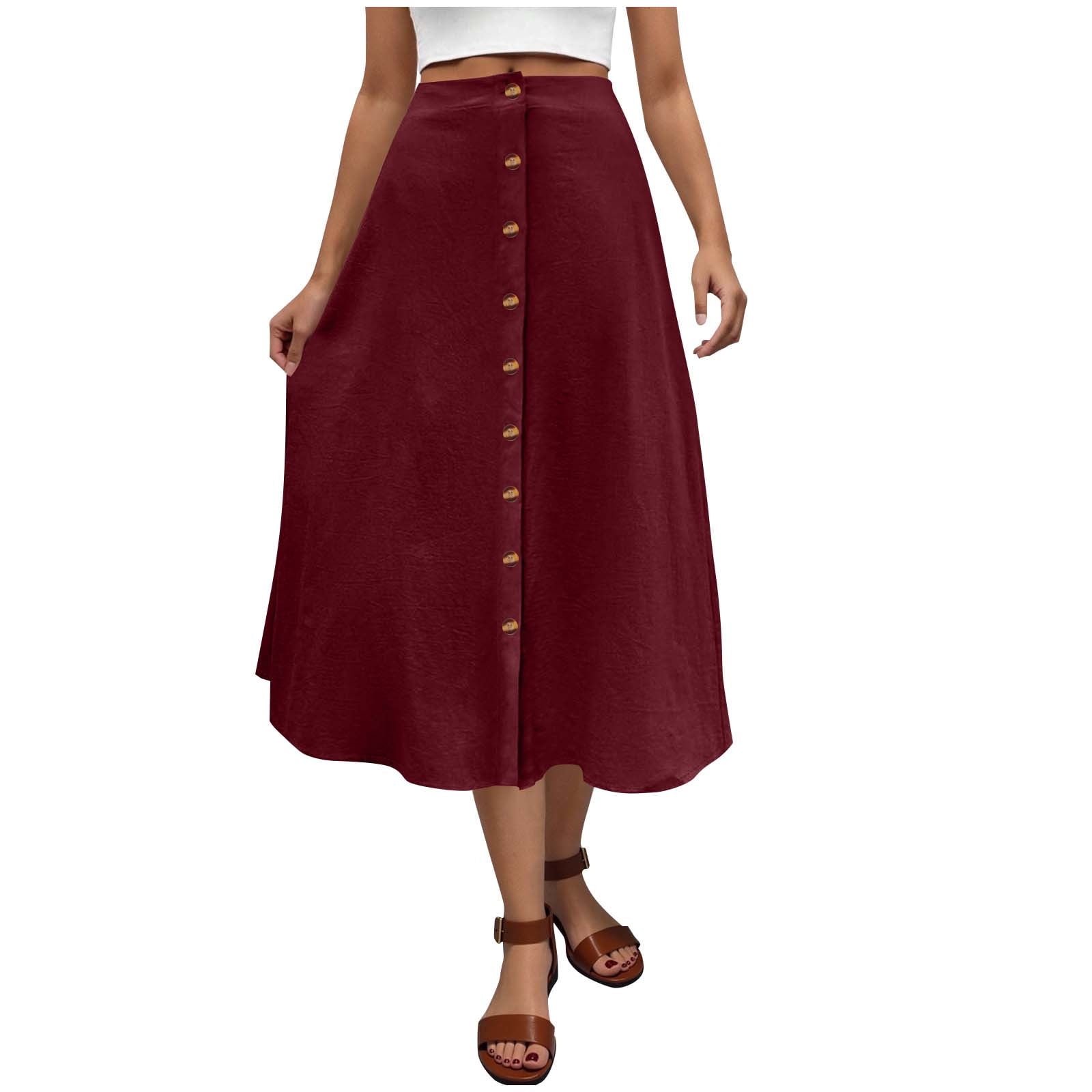 Womens Fall Skirts Casual Front Button A-Line High Waisted Midi Skirt ...